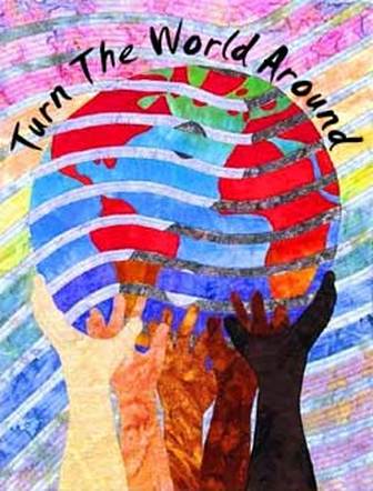 Turn the World Around - Multi-Racial Hands, Rainbow Background